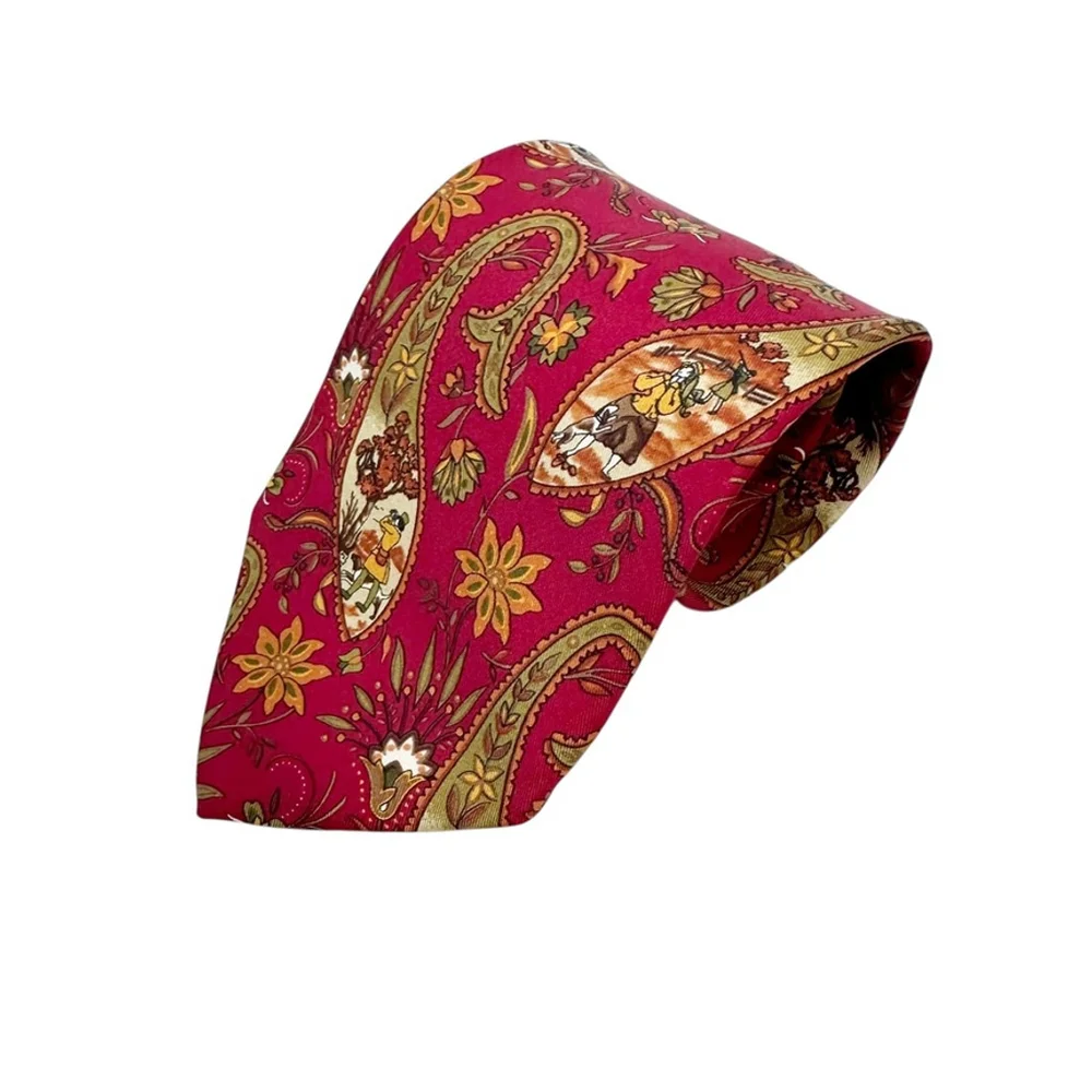 Salvatore Ferragamo Red Floral Paisley Necktie Hounds Hunters Classic Silk Tie